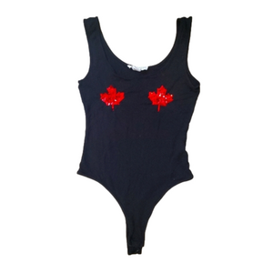 CUTE Unique small black bodysuit with sequin mapleleafs on chest.